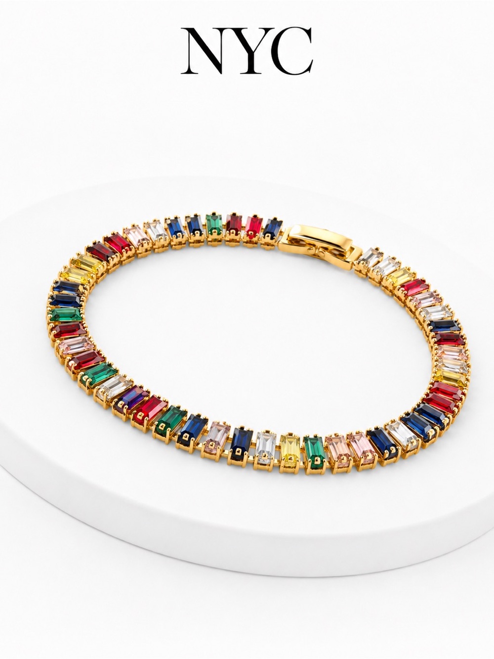 NYC Gold Bracelet with Rainbow Baguette Stones
